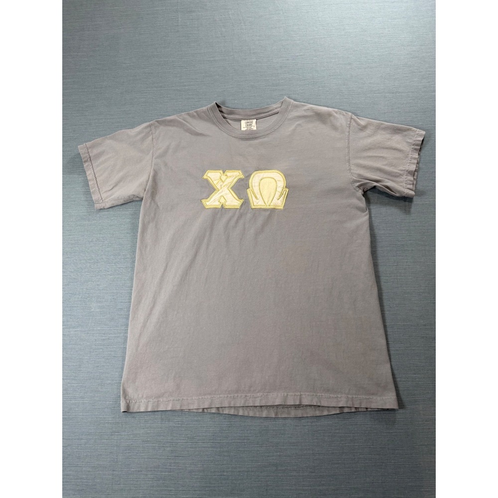 Comfort Colors T-Shirt Women Medium Gray Excellent Chi Omega Greek Applique